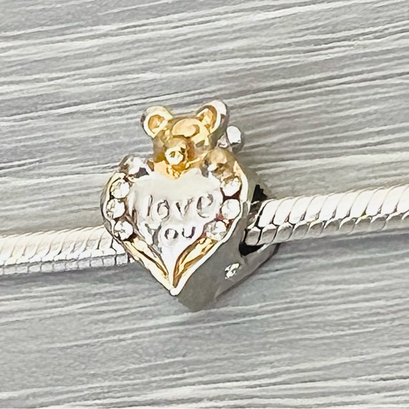 Silver & Gold plated paved crystal I LOVE YOU teddy bear bracelet charm - Picture 2 of 5